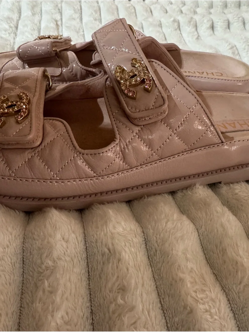CHANEL Pale Pink Quilted Patent Leather Double-Strap Slide Sandals with Gold CC